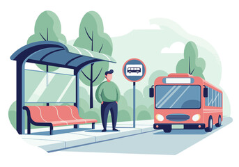 Man waiting at a bus stop with a city bus approaching, urban transportation scene