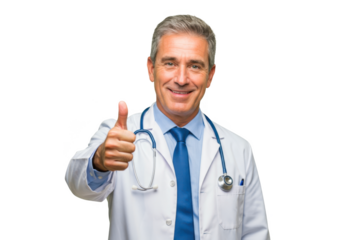 Smiling middle aged doctor wearing white coat and stethoscope giving thumbs up isolated on transparent background