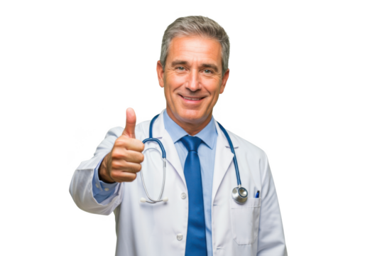 Smiling middle aged doctor wearing white coat and stethoscope giving thumbs up isolated on transparent background