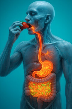 Human anatomy illustration showing digestion process with the strawberry moving from mouth to intestines, on a light blue background.