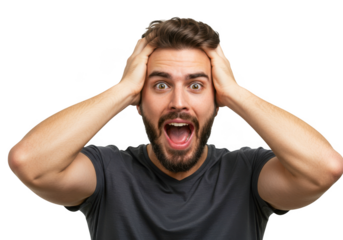 Man with hands on head in shock and disbelief with mouth open isolated on transparent background