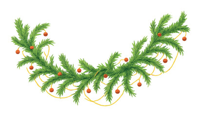Festive green christmas garland with red ornaments and gold lights on gradient background
