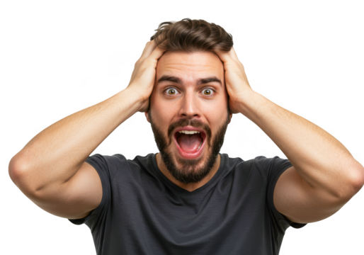 Man with hands on head in shock and disbelief with mouth open isolated on transparent background