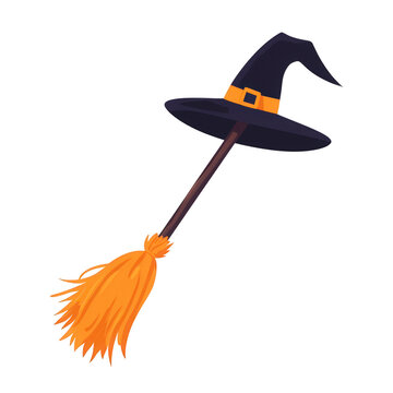 Witch's broomstick with a black hat and orange bristles