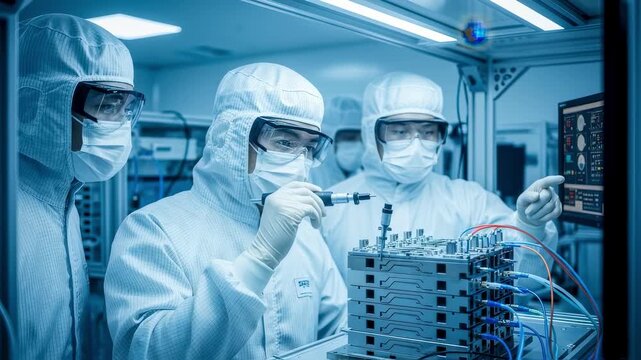 Engineers wearing protective cleanroom attire inspecting and calibrating intricate components of hydrogen fuelcell stacks under bright LED lighting.