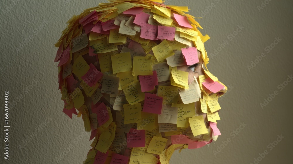 Poster an artistic head sculpture is entirely covered with colorful sticky notes, creating a striking visua