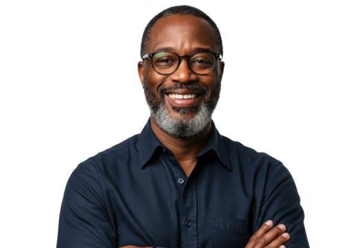 Smiling african american man with glasses and crossed arms wearing a dark shirt isolated on transparent background