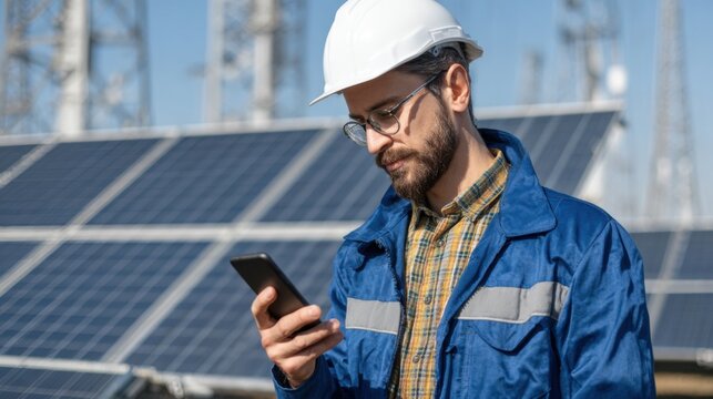 A technician in safety gear is focused on his mobile device while overseeing solar panels at a renewable energy facility under a clear blue sky. - Powered by Adobe