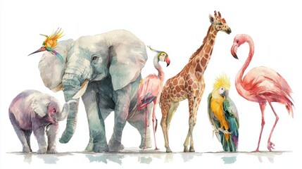 A vibrant watercolor illustration showcases a menagerie of exotic animals in a whimsical and colorful display. The artwork, a celebration of the natural world.
