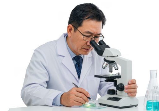 Asian scientist in lab coat examining specimen under microscope isolated on transparent background