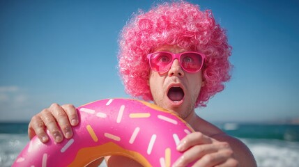 A man with a vibrant pink curly wig and oversized sunglasses expresses excitement at the beach while holding a bright donut-shaped float. The sunny atmosphere enhances the playful vibe.