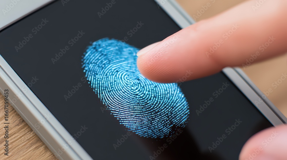 Poster close-up of finger touching smartphone screen with illuminated fingerprint recognition feature