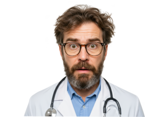 Middle aged doctor with beard and glasses looking surprised isolated on transparent background
