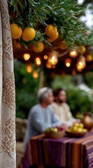 traditional sukkah atmosphere, family in traditional dress sharing stories in a richly decorated, fruit-laden sukkah, under warm natural light