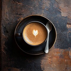 Flat lay of espresso spoon and saucer on rustic dark table with dramatic shadows