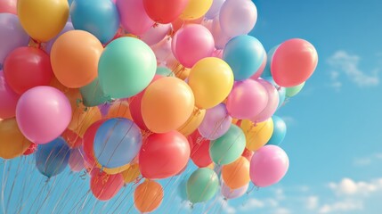 Balloons in various colors and sizes ascend into a bright sky, creating a joyful atmosphere for a celebration. The sunlight enhances their vibrant hues and adds to the festive feel.