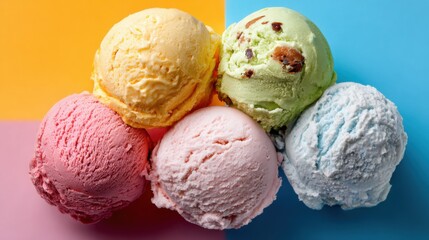 A vibrant display features five scoops of ice cream in various flavors, including pink, yellow, green, and blue, artfully arranged on a contrasting colorful background.