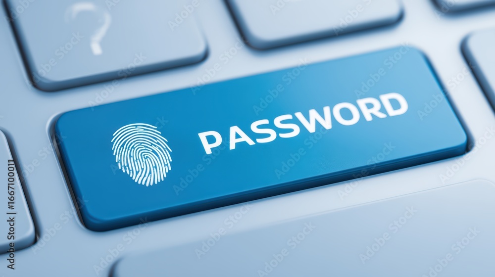 Poster fingerprint symbol on password key on computer keyboard for security and authentication concepts