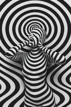 Striking black and white striped figure against an optical illusion backdrop, creating a captivating and surreal visual effect.