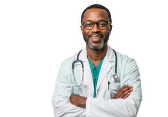 Fototapeta premium Smiling african american doctor wearing glasses and a white lab coat with a stethoscope isolated on transparent background