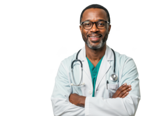 Smiling african american doctor wearing glasses and a white lab coat with a stethoscope isolated on transparent background