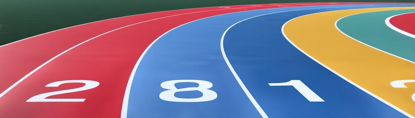 Colorful Running Track with Lane Numbers and Brightly Painted Surface for Athletic Events