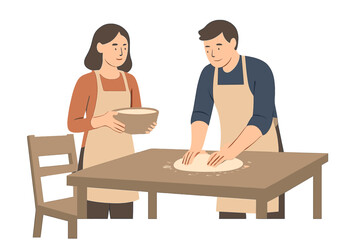 Obraz premium Illustration of cartoon siblings, a boy and girl, happily baking together at a kitchen counter with a rolling pin, creating homemade bakery treats in a fun cooking experience, depicted in a flat