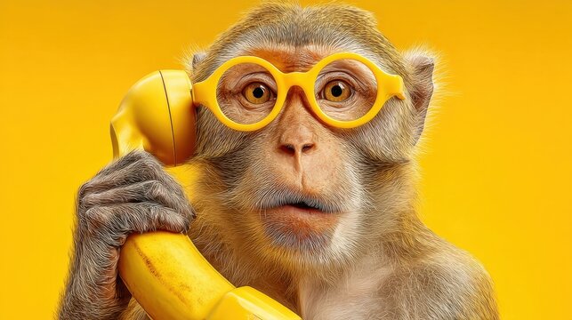 A monkey wearing bright yellow glasses holds a phone to its ear, appearing curious and engaged. The vibrant yellow background adds a cheerful and whimsical tone to the scene.
