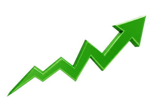 Green arrow pointing upwards represents growth. isolated on transparent background