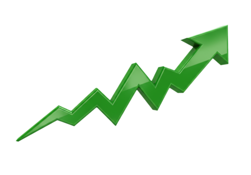 Green arrow going up, representing business growth and success. isolated on transparent background - Powered by Adobe