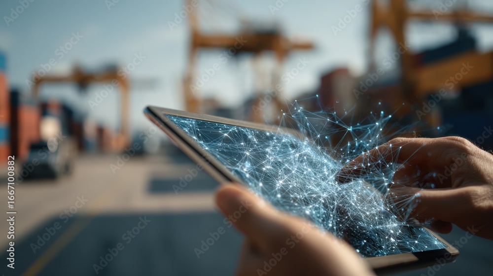 Poster close medium shot of a digital blockchain contract on a tablet bright and clear with a softly blurre