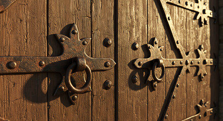 Aged Wooden Door with Rusted Metal Fittings, Close-up