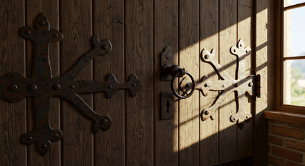 Rustic Wooden Door with Rusted Metal Hardware and Sunlight