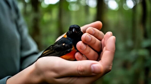 Close-up, Video, hands holding the pitohui bird, the most poisonous bird in the world, animals, education, illustration