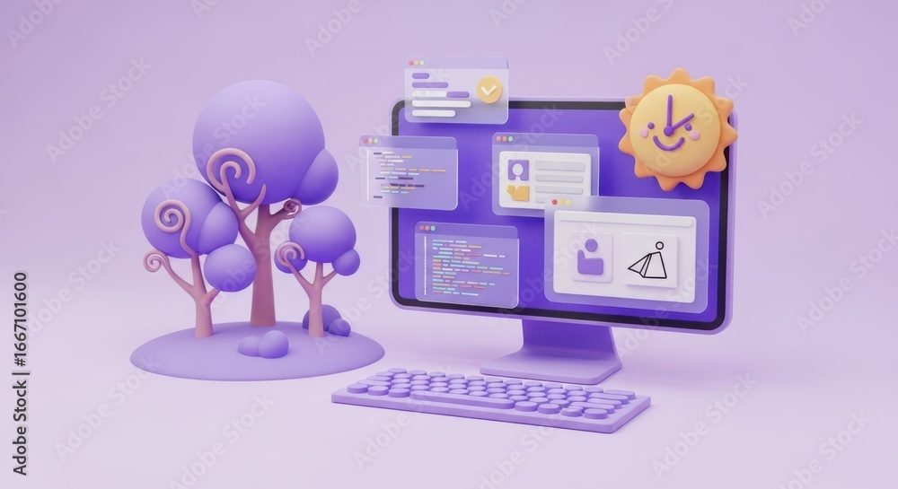 Aufkleber whimsical 3d illustration of a computer setup with a stylized tree and a cute character
