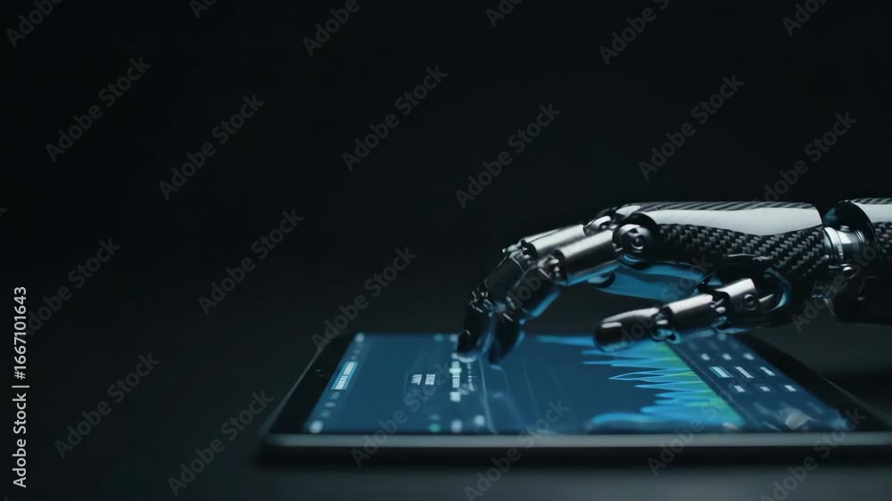 Poster robotic hand engaging digital tablet for inclusive technology and accessible data insights