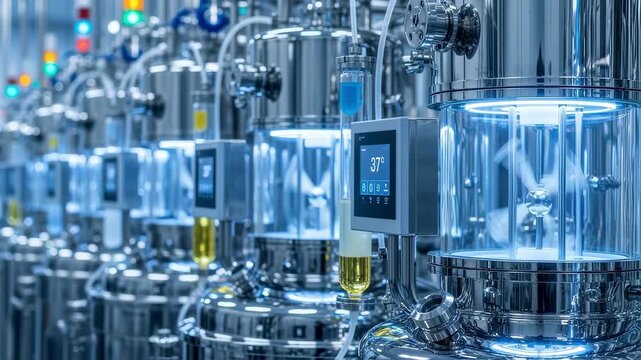 Rows of bioreactors with integrated temperature and mixing controls designed for monoclonal antibody fermentation processes.