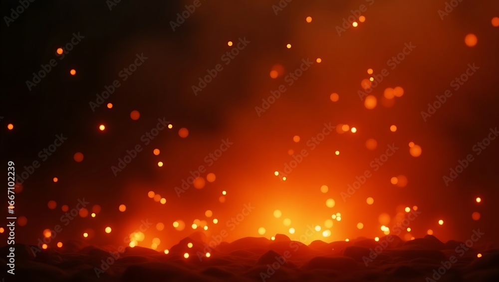 Poster abstract glowing particles on a dark red background. a festive and magical light explosion with spar