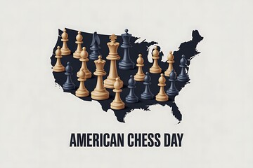 American Chess Day celebrated with chess pieces on a map of the USA, symbolizing strategy and competition
