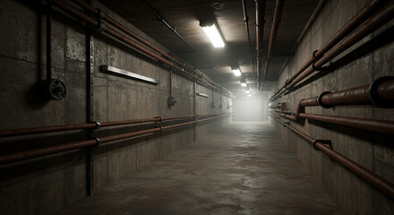 Aged Industrial Corridor with Concrete Walls and Rusted Pipes