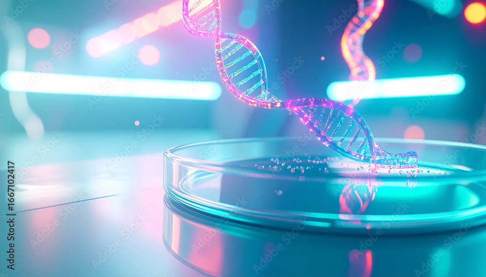 Poster dna helix in laboratory: a detailed, photorealistic rendering of a glowing dna helix hovering over a