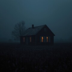 Atmospheric Isolation: Snow-Kissed House Surrounded by Fields