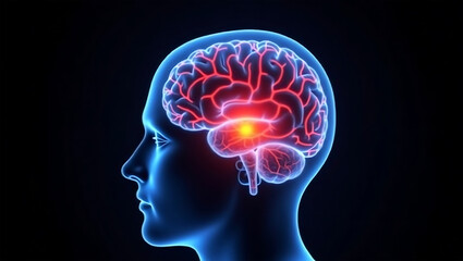 Human brain anatomy medical illustration depicting neural activity and neurological processes in neon blue