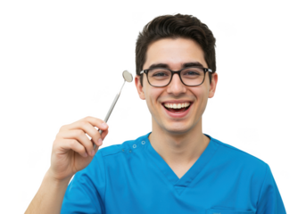 Smiling young male dentist wearing blue scrubs and glasses holding a dental mirror isolated on transparent background