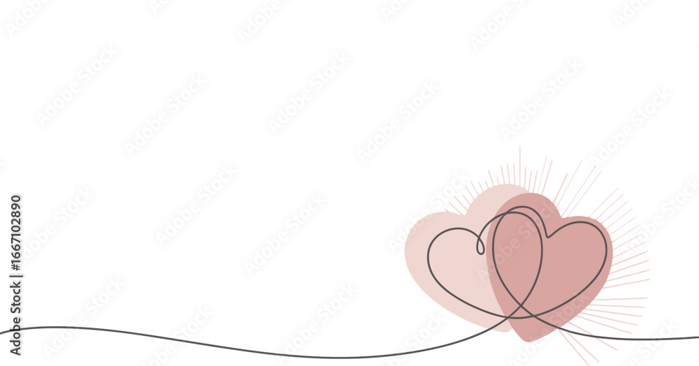 Poster elegant continuous line drawing of two hearts with radiating lines for graphic design and creative p