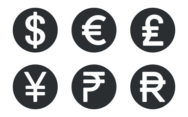 Encapsulated Global Currency Icons Dollar Euro Pound Yen Rupee Rial in Circular Frames for Finance