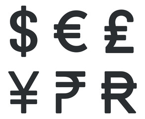 Obraz premium Global Finance Currency Symbols Collection Dollar Euro Pound Yen Rupee Rial Icons for International Business