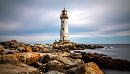Coastal Lighthouse on Rocky Shore, Cloudy Sky.