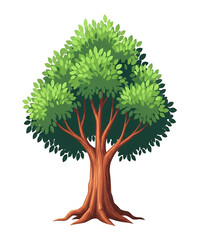 Vibrant green leafy tree with strong brown trunk and exposed roots isolated