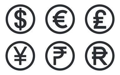 Obraz premium Outlined Global Currency Icons Dollar Euro Pound Yen Rupee Rial in Circular Frames for Finance